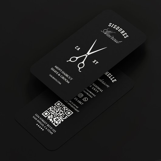 Moderne kapperszaak zwart wit schaar visitekaartje