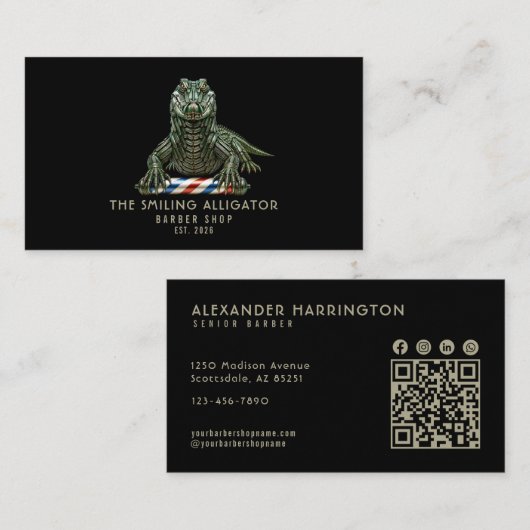 Moderne Kapperzaak Alligator Qr Code Sociale Icone Visitekaartje (Voorkant / Achterkant)