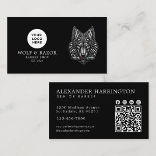 Moderne Kapperzaak Zilveren Wolf Logo Qr Code Visitekaartje