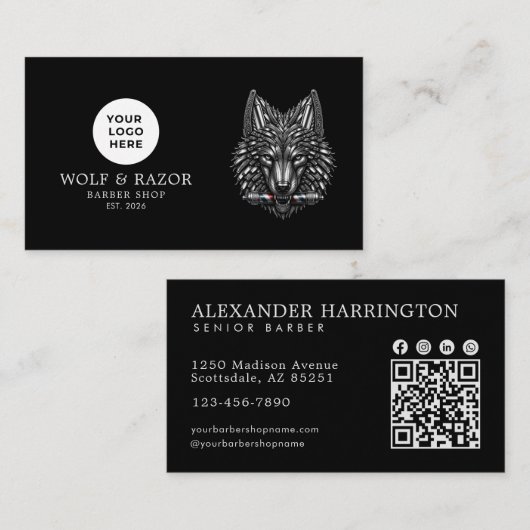 Moderne Kapperzaak Zilveren Wolf Logo Qr Code Visitekaartje (Voorkant / Achterkant)