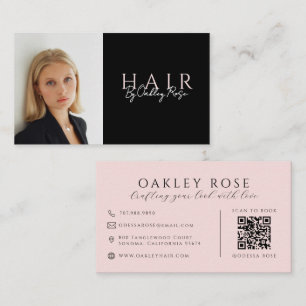 Moderne Kapsalon Foto Zwart en Blush QR-code Visitekaartje