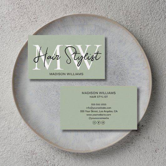 Moderne Kapsalon Monogram Sagegroen Visitekaartje
