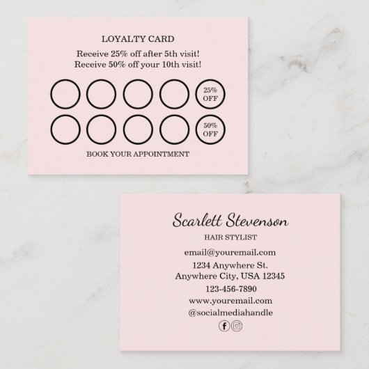 Moderne kapsalon Roze Blush Loyalty Reward Visitekaartje (Voorkant / Achterkant)