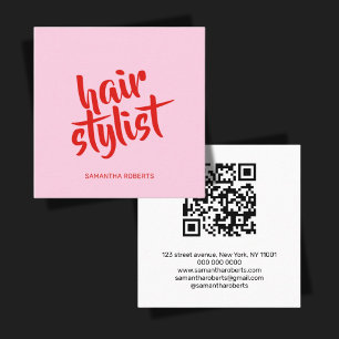Moderne kapsalon script roze rood qr-code vierkante visitekaartje