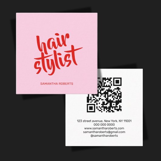 Moderne kapsalon script roze rood qr-code vierkante visitekaartje