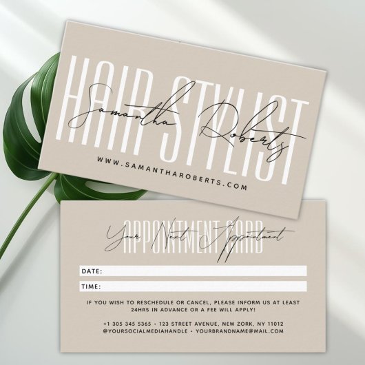 Moderne kapsalon script typografie beige afsprakenkaartje