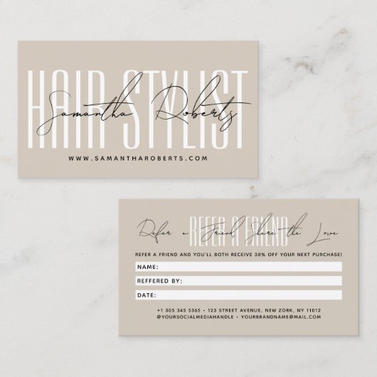 Moderne kapsalon script typografie klant aanbevelingskaartje (Voorkant / Achterkant)