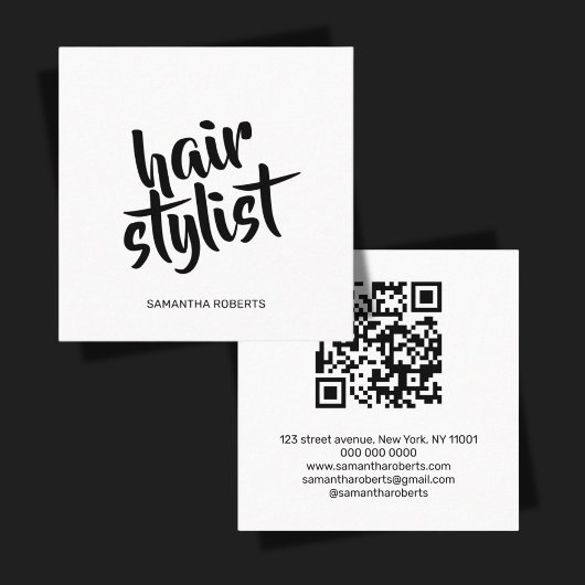 Moderne kapsalon script witte zwarte qr-code vierkante visitekaartje