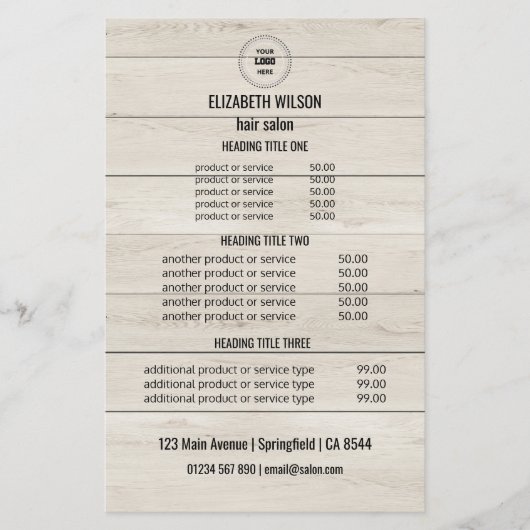 Moderne kapsalon service Kaart – houten achtergron (Voorkant)