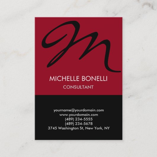 Moderne karmijn zwart script visitekaartje (Voorkant)