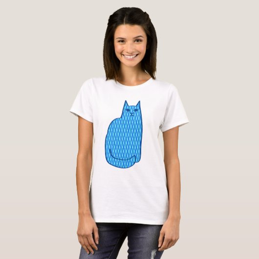 Moderne kat, kobalt en lichtblauw t-shirt (Voorkant volledig)
