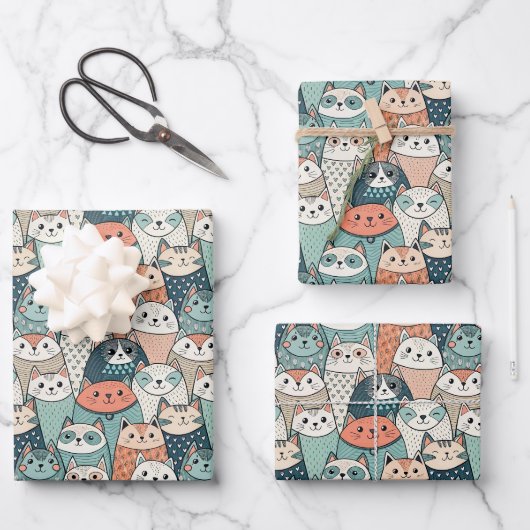 Moderne kattenkarakters patroon inpakpapier vel (Voorkant)