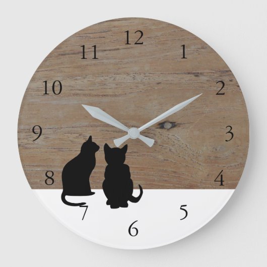 Moderne kattensilhouetten, huisdieren op houtwit grote klok (Voorkant)