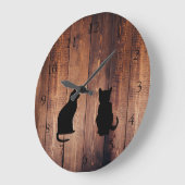 Moderne kattensilhouettes op roestvrij donker hout grote klok (Hoek)
