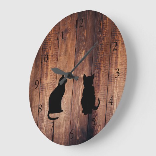 Moderne kattensilhouettes op roestvrij donker hout grote klok (Hoek)