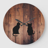Moderne kattensilhouettes op roestvrij donker hout grote klok (Voorkant)