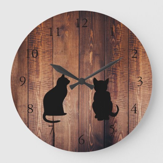 Moderne kattensilhouettes op roestvrij donker hout grote klok (Voorkant)