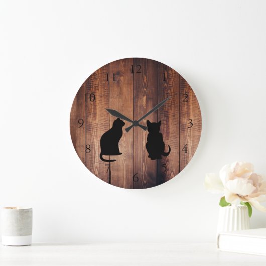 Moderne kattensilhouettes op roestvrij donker hout grote klok (Huis)