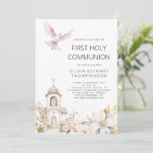 Moderne Kerk Bloemen Dove Eerste Heilige Communie Kaart (Staand voorkant)