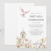 Moderne Kerk Bloemen Dove Eerste Heilige Communie Kaart (Voorkant / Achterkant)