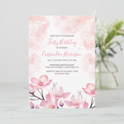 Moderne kersenbloesem bloem roze plons verjaardag kaart (Staand voorkant)