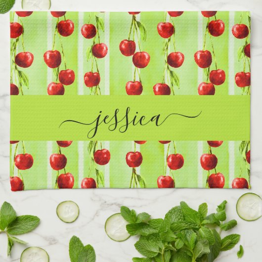 Moderne kersenpatroon scriptnaam theedoek (Gevouwen)