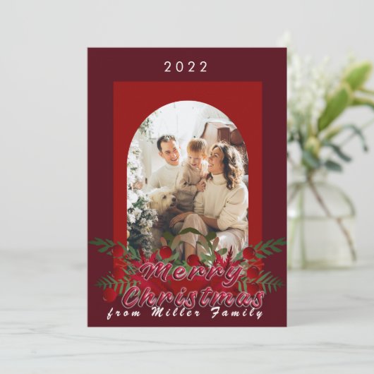 Moderne kersrode bloemrijke Kerst wenskaart Kaart (Staand voorkant)