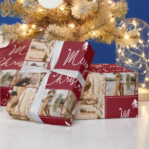 Moderne kerst 5 foto's collage raster rood cadeaupapier