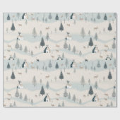 Moderne Kerst Blauw en Tan Snowy Village Cadeaupapier (Vlak)