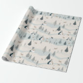 Moderne Kerst Blauw en Tan Snowy Village Cadeaupapier (Uitgerold)