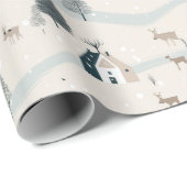 Moderne Kerst Blauw en Tan Snowy Village Cadeaupapier (Rol Hoek)