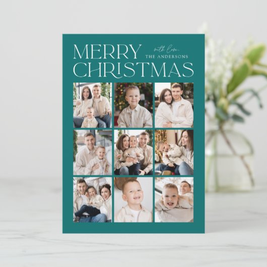 Moderne Kerst Blauwgroen 9 Fotocollage Feestdagenkaart (Staand voorkant)