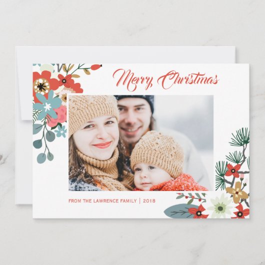Moderne kerst bloemen bladeren foto feestdagenkaart (Voorkant)