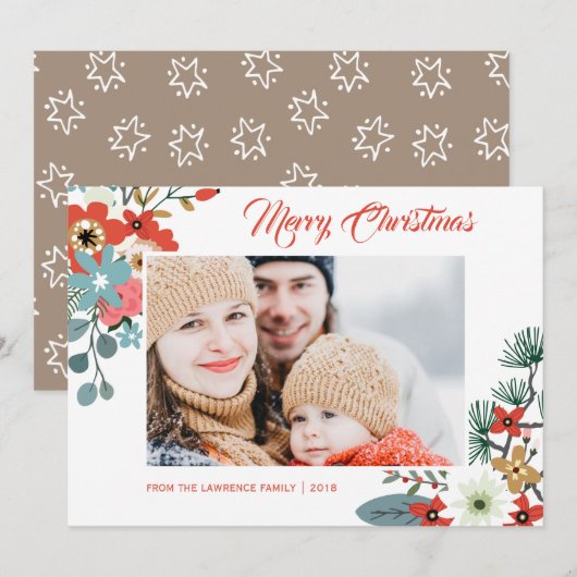 Moderne kerst bloemen bladeren foto feestdagenkaart (Voorkant / Achterkant)