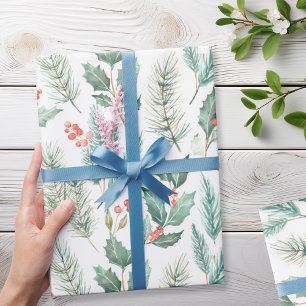 Moderne Kerst Bloemen Waterverf Patroon Cadeaupapier