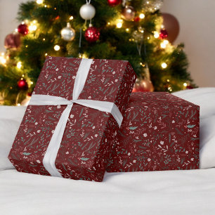 Moderne Kerst bloemenrood groen chic patroon Cadeaupapier