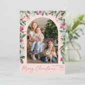 Moderne Kerst Blush Roze Groene Boog 1 Foto Feestdagenkaart (Staand voorkant)