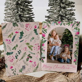Moderne Kerst Blush Roze Groene Boog 1 Foto Feestdagenkaart