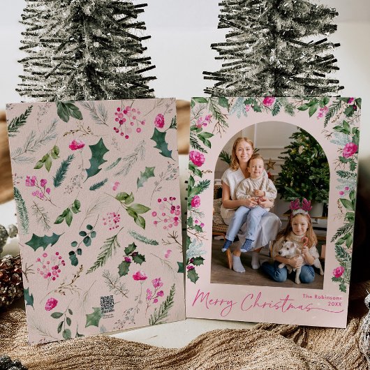 Moderne Kerst Blush Roze Groene Boog 1 Foto Feestdagenkaart