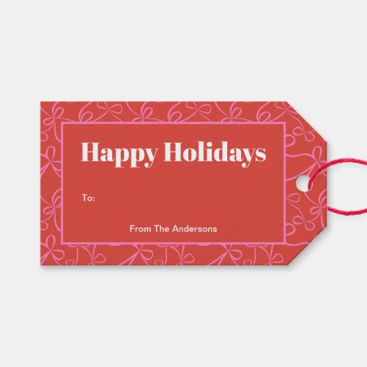 Moderne Kerst Bold Rood & Roze Lint Patroon Cadeaulabel (Voorkant (Horizontaal))