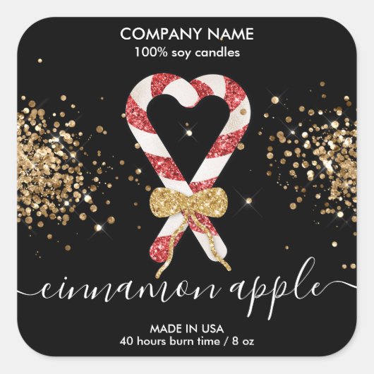 Moderne Kerst Candy Cane Gouden Glitter Kaars Vierkante Sticker (Voorkant)