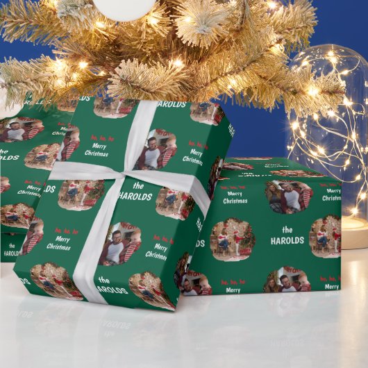 Moderne Kerst Custom Familie Foto Groen Cadeaupapier (Feestdagen)
