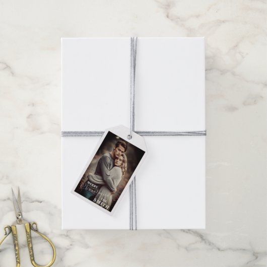 Moderne Kerst Donker Dusky Paar Foto Cadeaulabel (Met Touw)