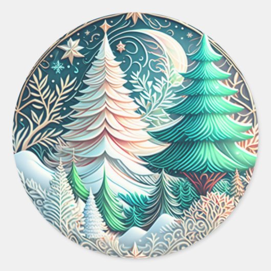 Moderne Kerst Elegante Bomen Illustratie Ronde Sticker (Voorkant)