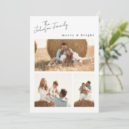 Moderne kerst en heldere kerstfamilie twee foto's feestdagenkaart (Staand voorkant)