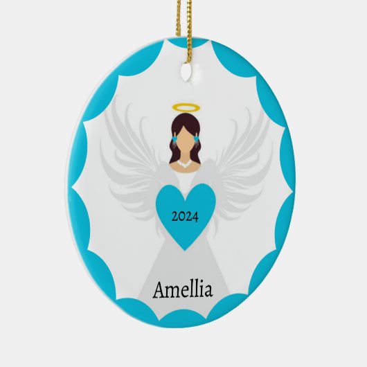 Moderne Kerst Engel Blauw Hart Custom Jaar Naam Keramisch Ornament (Rechts)