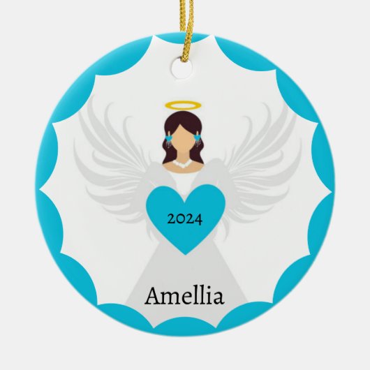Moderne Kerst Engel Blauw Hart Custom Jaar Naam Keramisch Ornament (Voorkant)