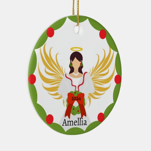 Moderne Kerst Engel Rood Groen Holly Krans Naam Keramisch Ornament (Rechts)