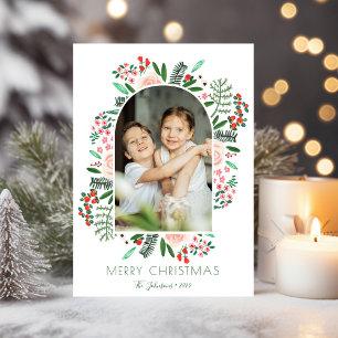 Moderne Kerst Foto met Bloemrijke Familieboog Feestdagenkaart