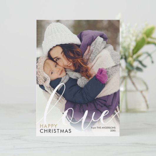 Moderne Kerst Foto Script Love Chic Feestdagenkaart (Staand voorkant)